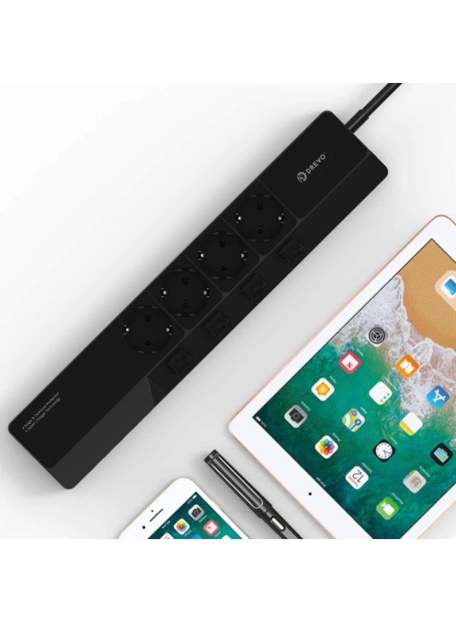 DREVO DP45 EU Power Strip Surge Protector - 4 Outlets with Individual Energy-Saving Switches - 5 High-Speed USB Charging Ports - 1.5m Heavy Duty Extension Cord - Fireproof Charging Station for Home & Office - Black - Image 3